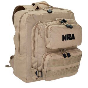 NRA Tan Tactical Backpack Multi-Pocket Adjustable Straps Mesh Back Lightweight